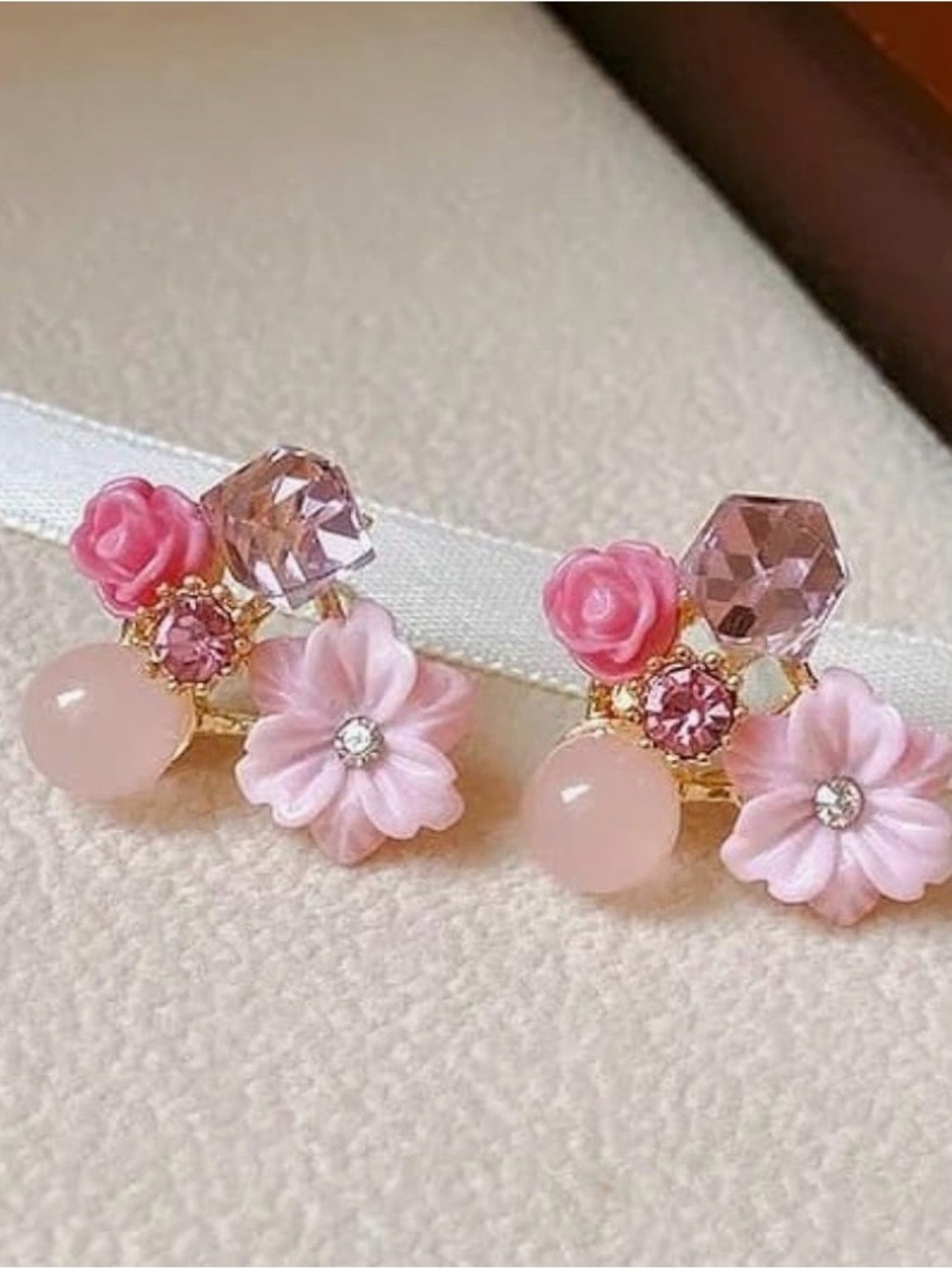 Pink Floral Crystal Stud Earrings - Elegant Women's Jewelry